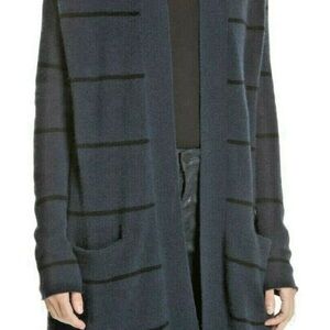 Autumn Cashmere Cardigan XS 100% Cashmere Stripe Longline NAVY BLACK
